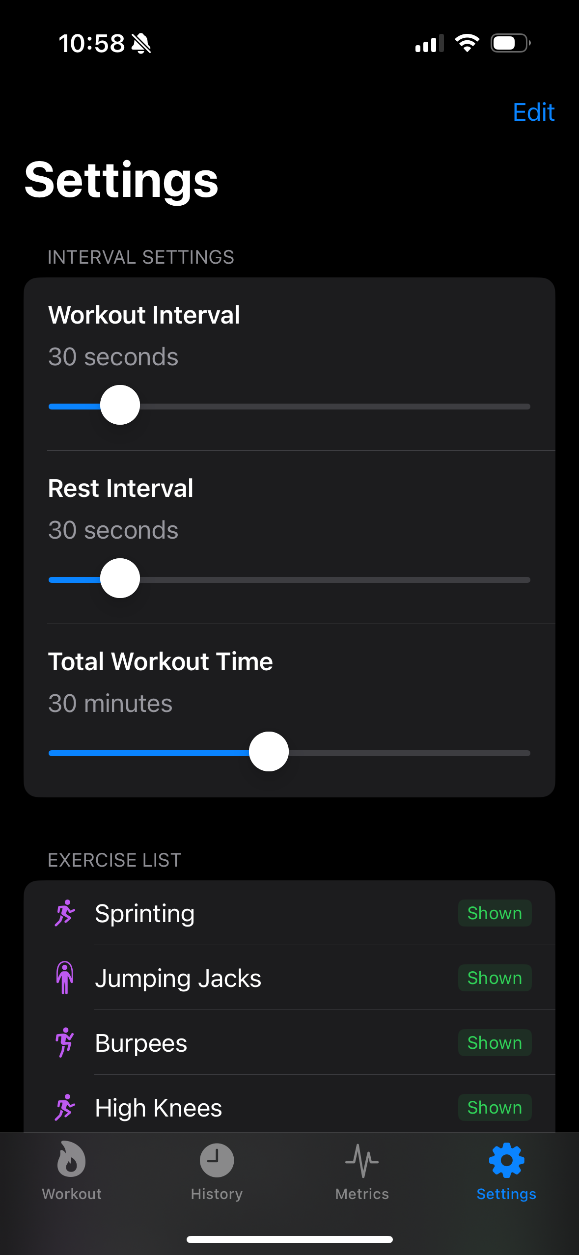 HIITTrack custom interval configuration screen