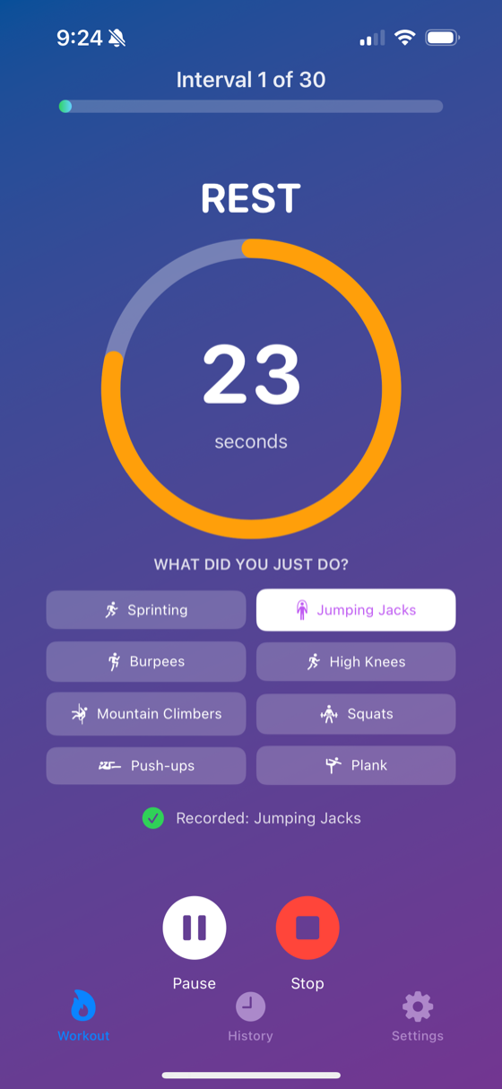 HIITTrack exercise tagging screen during rest period